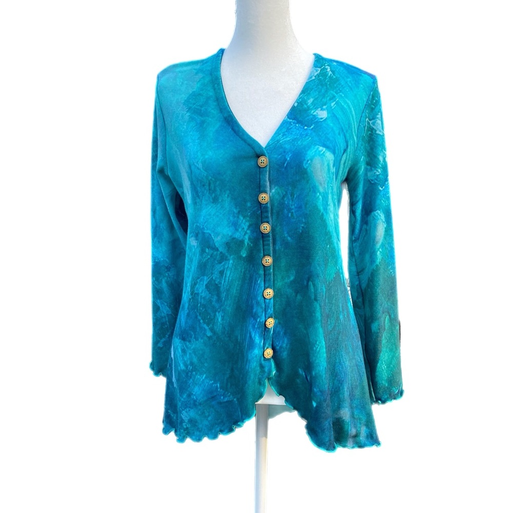Soft Surroundings Blue V-Neck Top Size PXS With Buttons And Ruffled Hemline